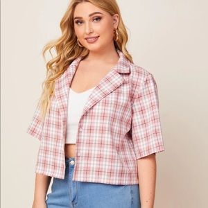 NEW PINK AND WHITE PLAID BLAZER